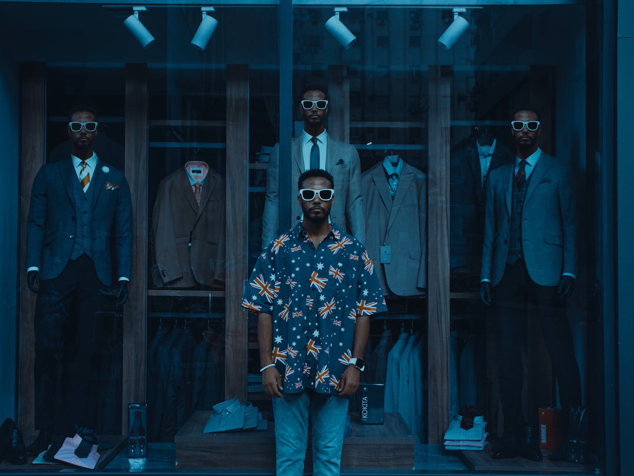 services-04 Fashion-forward men in sunglasses showcase suits in a chic London boutique display.